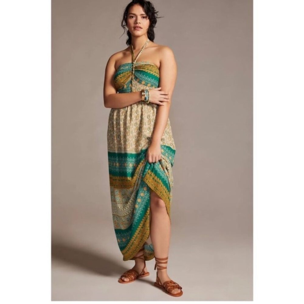 NWT Anthropologie Twist Halter Green and Yellow Maxi Dress